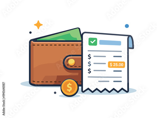 Wallet with cash and receipt showing purchase, symbolizing financial transactions. A stylized illustration of a brown leather wallet filled with cash, next to a receipt