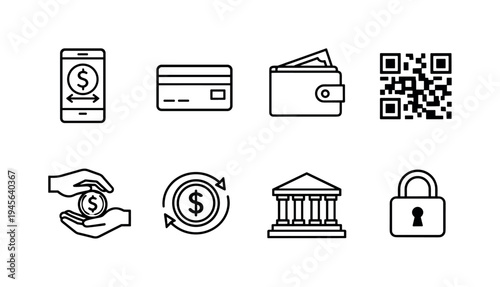 Financial icons set for digital payments, banking, and security. A collection of simple line icons representing various financial concepts like mobile payments, credit cards