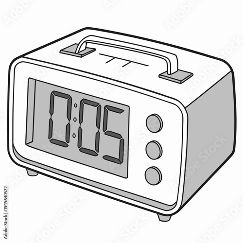 Digital alarm clock with handle and buttons on white background digital clock