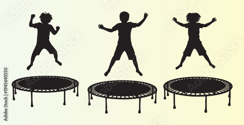 Happy children jumping on trampolines in silhouette style