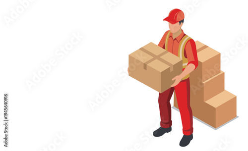 荷物を運ぶ配達員・作業員のアイソメトリックイラスト（物流・配送・引っ越し）、赤系