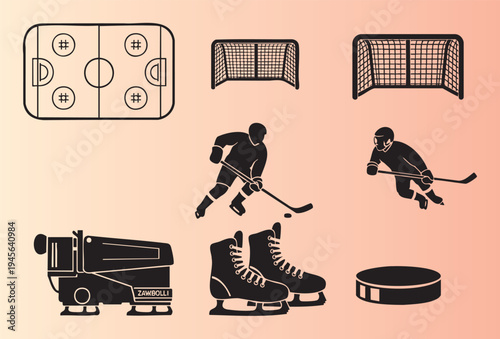 Illustrated ice hockey elements and equipment in flat design