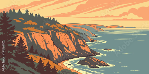 USA, US, U.S, United States - Acadia National Park Maine coastal cliffs sunrise ocean panorama
