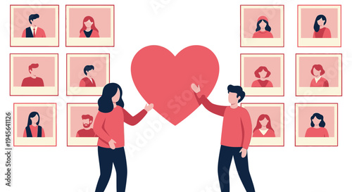 Couple Holding Big Heart Surrounded by Profile Pictures, Love and Connection Concept