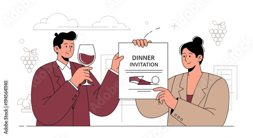 Couple Holding Dinner Invitation with Wine Glass, Event Announcement Concept