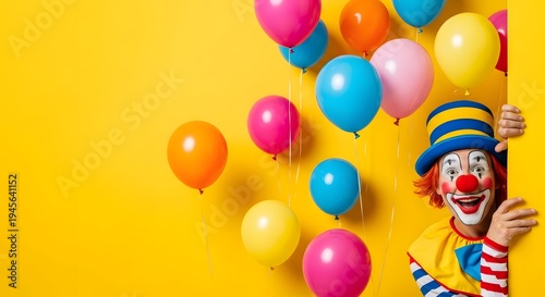 Wallpaper Mural A joyful clown surrounded by colorful balloons on a bright yellow background Torontodigital.ca