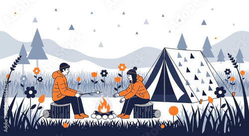 Couple Camping by Campfire, Roasting Marshmallows, Mountains and Tent