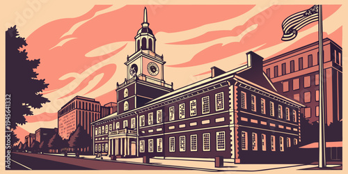 USA, US, U.S, United States - Independence Hall Philadelphia historic colonial architecture sunset panorama 
