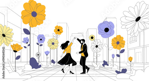 Couple Dancing Among Giant Abstract Flowers in Cityscape