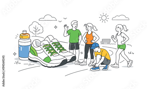 Active people preparing for a run in the park with water bottle and shoes. A diverse group of friends and family enjoying outdoor fitness activities together, emphasizing healthy