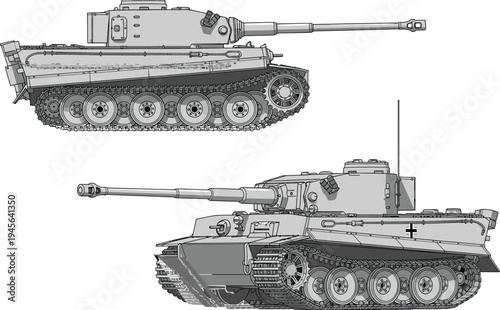 Detailed side and angled technical illustration of German Tiger I heavy tank from World War II, showing turret gun, armor plating, tracks, and suspension system.