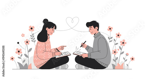 Couple Drawing Together, Love Connection, Creative Inspiration, Floral Background