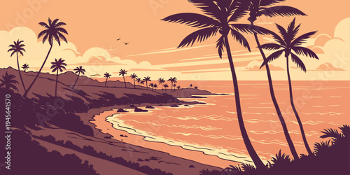 USA, US, U.S, United States - Maui tropical beach sunset palm trees ocean panorama
