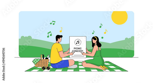 Couple Enjoying Picnic Concert Outdoors with Music Notes and Sunny Sky
