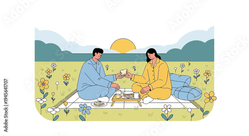 Couple Enjoying Picnic at Sunrise with Flowers and Tea