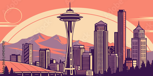 USA, US, U.S, United States - Space Needle Seattle skyline futuristic sunset panorama
