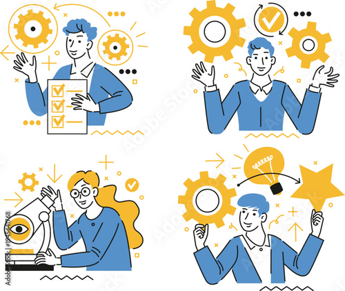 Illustrations depicting various stages of scientific discovery and innovation