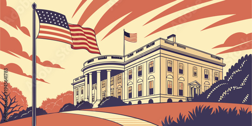 USA, US, U.S, United States - The White House Washington DC presidential residence sunrise panorama patriotic travel art
