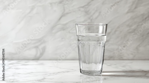 clean glass of water on white marble table, soft reflections