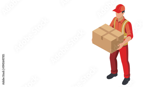 荷物を運ぶ配達員・作業員のアイソメトリックイラスト（物流・配送・引っ越し）、赤系
