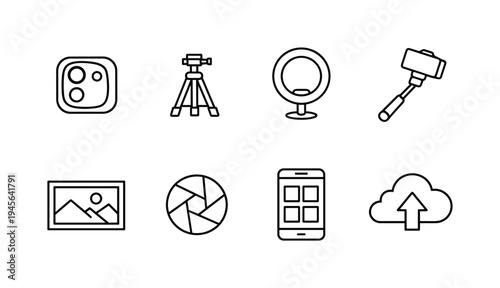 Smartphone photography: smartphone camera lens, tripod stand, ring light lamp, selfie stick, photo frame image, camera shutter button, gallery grid screen, cloud photo upload