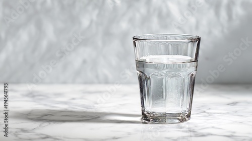clean glass of water on white marble table, soft reflections