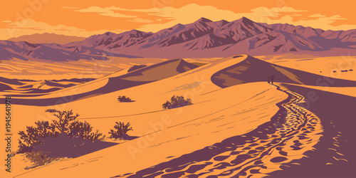 USA, US, U.S, United States - Death Valley National Park golden sand dunes desert sunset panorama, extreme landscape cinematic lighting
