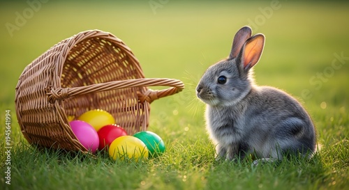 Wallpaper Mural Easter bunny with colorful eggs in a wicker basket Torontodigital.ca