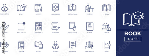 Book line icon set. Instruction, journal, library, read, Study and Knowledge solid icon collection.