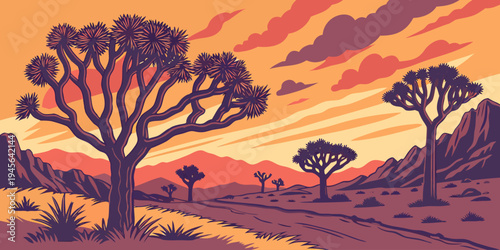 USA, US, U.S, United States - Joshua Tree National Park surreal desert trees sunset panorama, colorful sky travel poster
