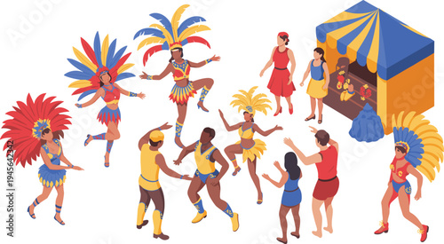 Brazilian carnival celebration illustration, samba dancers with colorful feather costumes, festival parade performance, Rio culture party scene