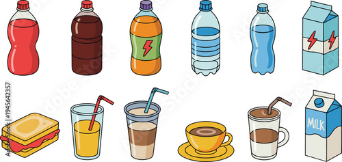 Beverage and snack illustration set, soda bottles juice coffee milk sandwich drinks collection, food and drink icons design