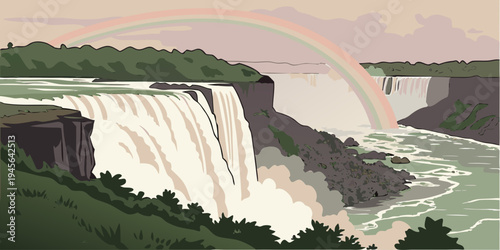 USA, US, U.S, United States - Niagara Falls massive waterfalls mist rainbow sunrise panorama, dramatic nature landscape
