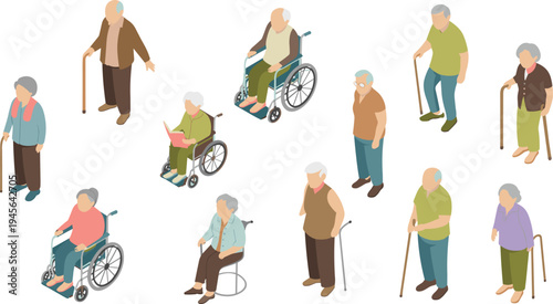 Elderly people isometric illustration, senior citizens with walking cane and wheelchair, aging population concept, retirement lifestyle healthcare support design