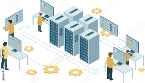Data center server management illustration, IT engineers monitoring analytics dashboards and network infrastructure, cloud computing technology operations concept