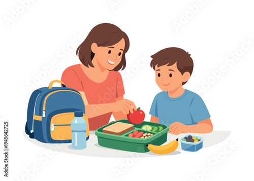 A caring moment where a parent helps a child pack a healthy school lunch before the start of the day, representing family support and balanced nutrition for children, visual metaphor of a