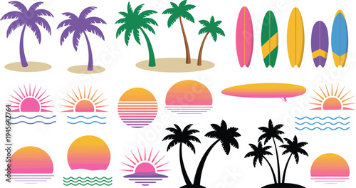 Flat beach summer icon set, palm trees surfboards sunset symbols, tropical vacation elements, seaside travel graphic illustration collection