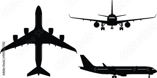 Black airplane silhouette set with top front and side view isolated on white background for commercial aviation travel transport and aerospace industry design elements