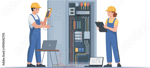 Electricians inspecting electrical control panel, industrial maintenance engineers testing circuit breaker system, power distribution cabinet, electrical engineering teamwork illustration