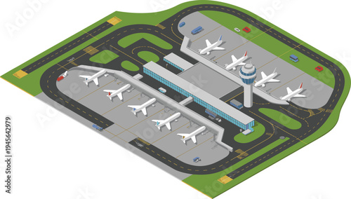 Isometric airport terminal illustration, airplanes at gates, runway taxiway layout, air traffic control tower, modern aviation transport hub aerial view