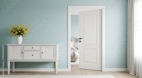 A bright interior scene with a white sideboard holding a vase of yellow flowers near an open doorway revealing a bedroom