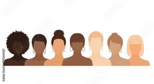 Diverse group of women showcasing different skin tones and hairstyles.