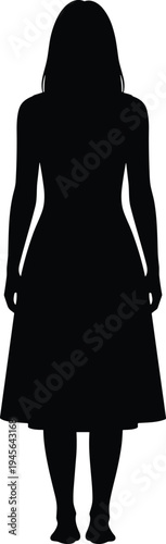 Black silhouette of a slender woman wearing a midi dress and standing straight isolated on white background for fashion design and lifestyle vector concepts