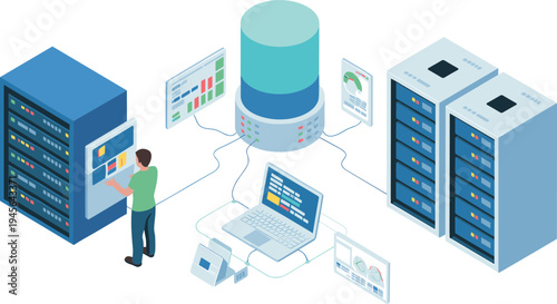 Isometric data center network illustration, server racks with database storage and cloud computing system, IT infrastructure management concept