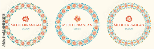 Set of three mediterranean circular frames with floral ornaments in coral, blue and beige. Azulejo round borders with symmetric ceramic tiles motifs and central text area on a light background.