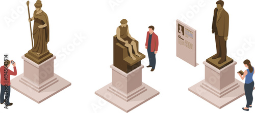 Isometric museum exhibition with classical statues, visitors observing sculptures, historical artifact display and information board in cultural gallery scene