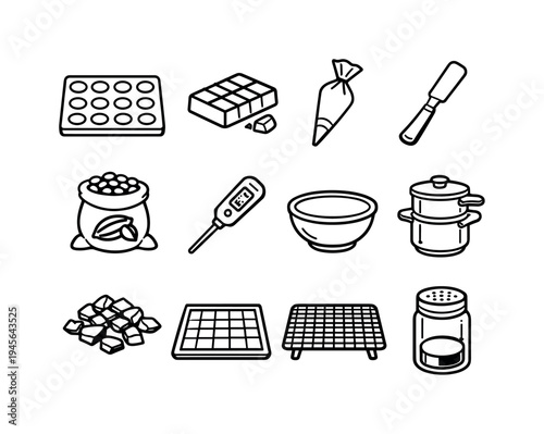 Collection of baking and confectionery tools and ingredients in a simple outline style. A set of line art icons representing various baking essentials including a mold, chocolate
