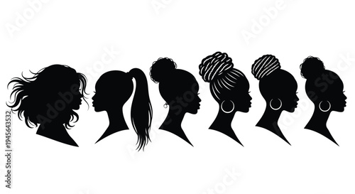 Silhouettes of diverse women hairstyles and profiles.