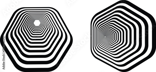 This abstract geometric hexagon icon set features a striking optical illusion created by multiple concentric lines arranged in a smooth, repeating pattern , product packaging, and decorative design