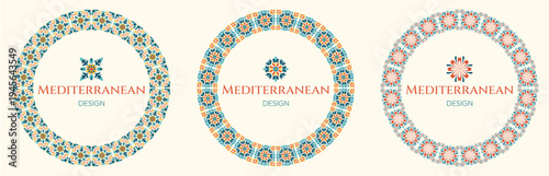 Set of three mediterranean circular frames with geometric floral ornaments in blue, orange and pink. Decorative round borders with symmetric tile motifs and central text space on a neutral background.